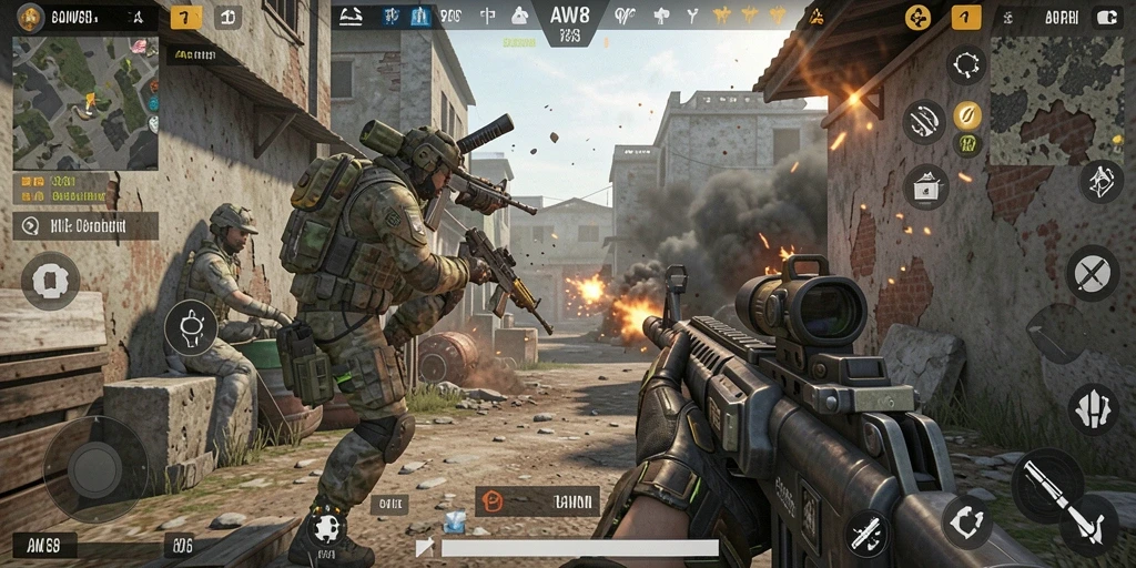 Gameplay thrill AW8 dengan aksi menembak yang mendebarkan.