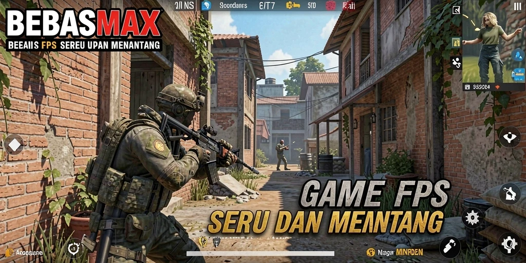 Screenshot BEBASMAX menampilkan aksi pertempuran intens dalam game FPS.