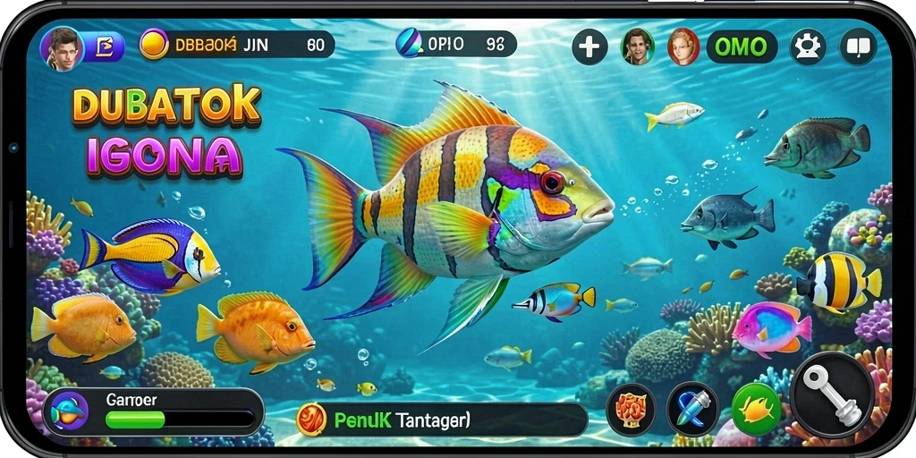 Screenshot DUBAITOTO menampilkan aksi seru menembak ikan berwarna-warni dan efek visual yang menarik.