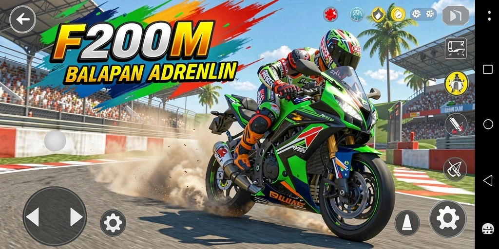 Screenshot F200M yang menunjukkan aksi balapan motor yang mendebarkan.