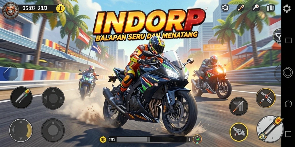 Gameplay seru INDORP menampilkan balapan motor yang mendebarkan.