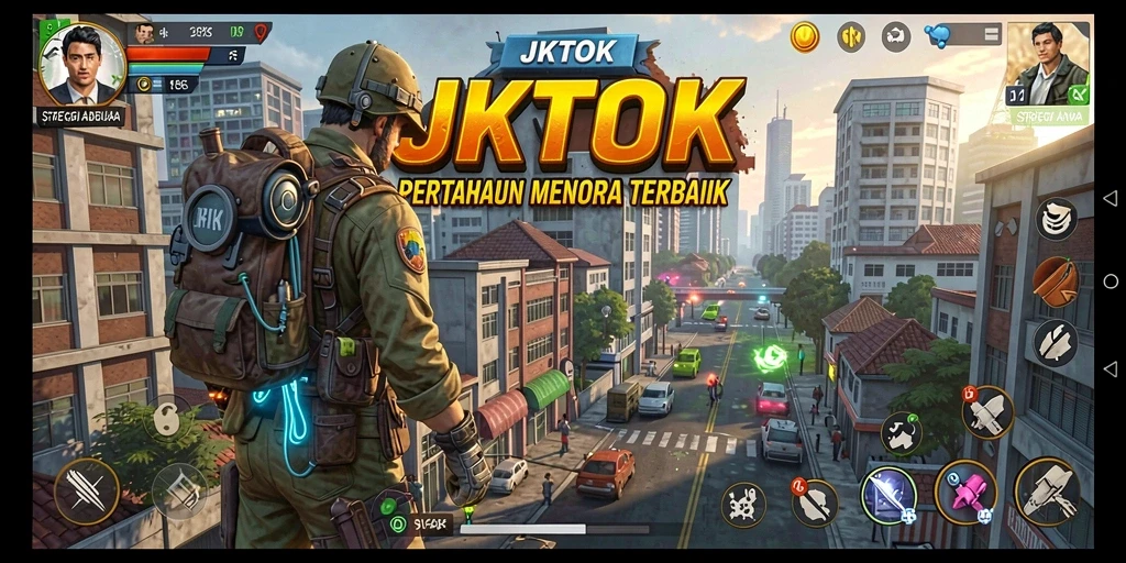 Gameplay JKTOK yang menampilkan menara dan musuh dengan grafis menawan.