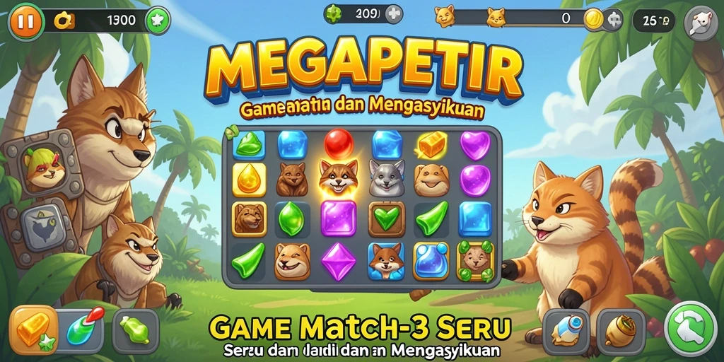 Tangkapan layar MEGAPETIR menampilkan gameplay Match-3 yang mengasyikkan.