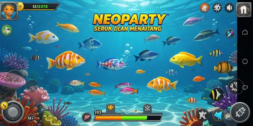 Tangkapan layar NEOPARTY yang menunjukkan aksi menembak ikan.