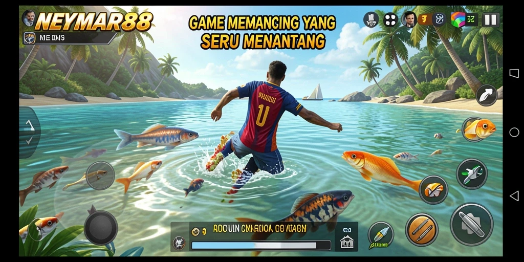 Tampilan gameplay seru dalam NEYMAR88 saat menangkap ikan.
