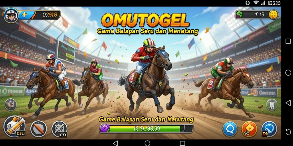 Tangkapan layar gameplay OMUTOGEL menunjukkan adrenalin tinggi dalam balapan yang seru.