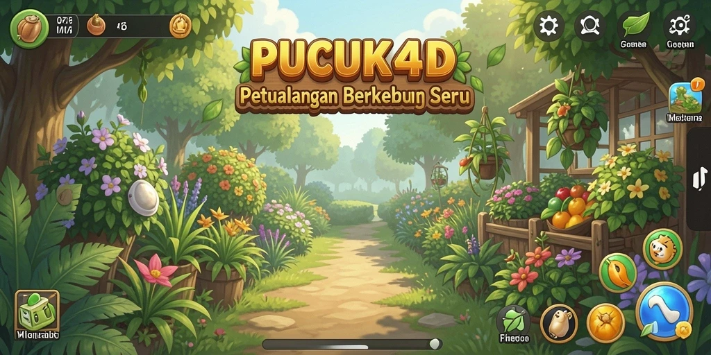 Screenshot utama PUCUK4D menampilkan kebun yang subur dan beragam tanaman.