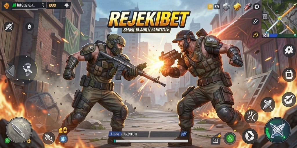 Tangkapan layar utama gameplay REJEKIBET dalam aksi Battle Royale.