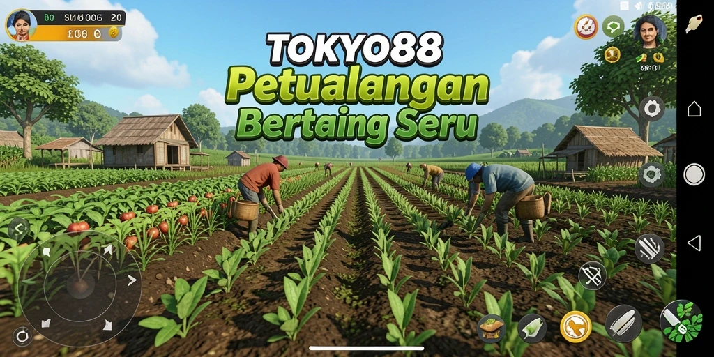Screenshot gameplay TOKYO88 menampilkan ladang yang subur dan berwarna-warni.